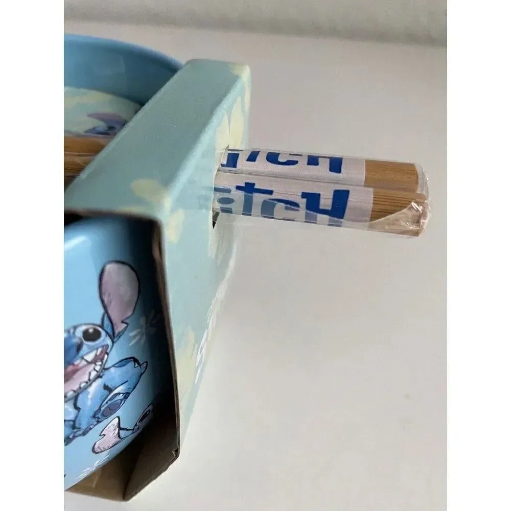 Disney Lilo And Stitch Floral  Ramen Ceramic Bowl With Chopsticks‎ 20 Oz NEW